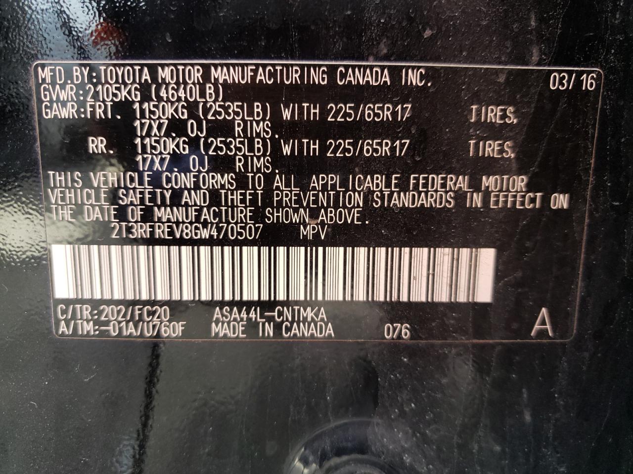 Photo 10 from auction – 2016 TOYOTA RAV4 XLE with VIN 2T3RFREV8GW470507
