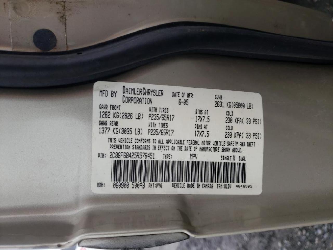 Photo 10 from auction – 2005 CHRYSLER PACIFICA T with VIN 2C8GF68425R576451