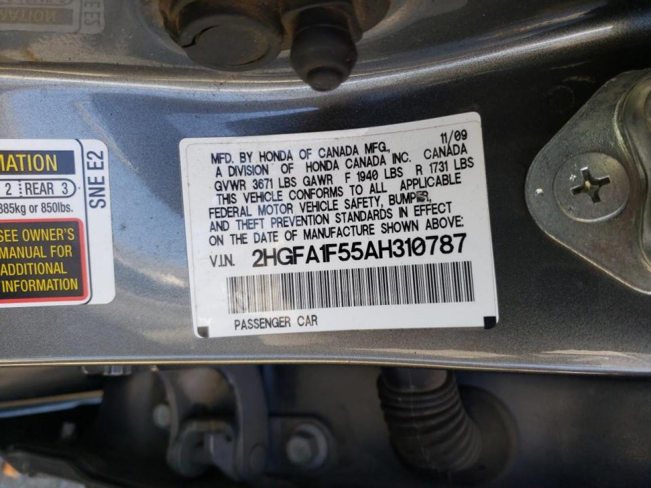 Photo 10 from auction – 2010 HONDA CIVIC LX with VIN 2HGFA1F55AH310787