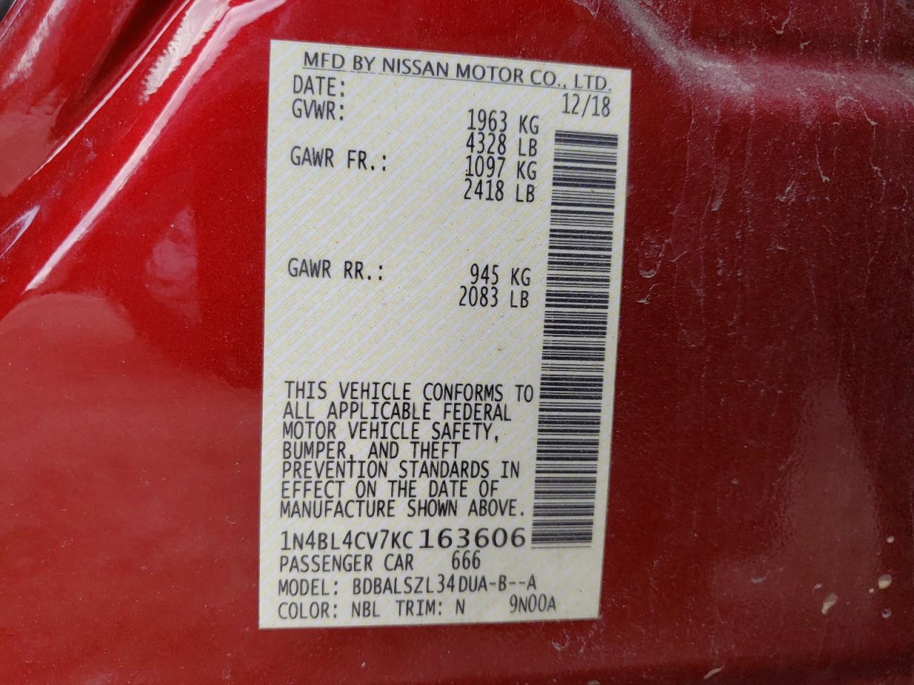 Photo 10 from auction – 2019 NISSAN ALTIMA SR with VIN 1N4BL4CV7KC163606