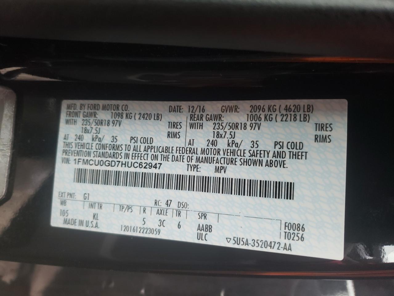 Photo 10 from auction – 2017 FORD ESCAPE SE with VIN 1FMCU0GD7HUC62947