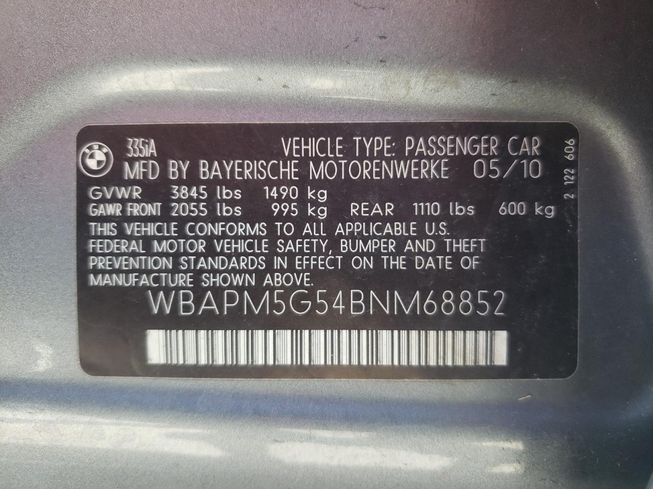 Photo 10 from auction – 2011 BMW 335 I with VIN WBAPM5G54BNM68852