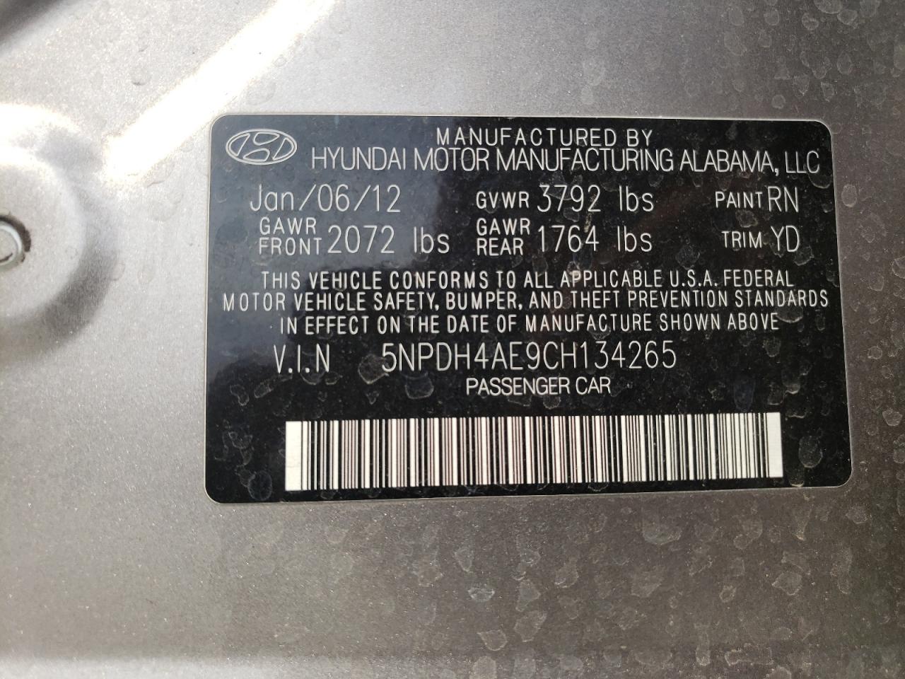 Photo 10 from auction – 2012 HYUNDAI ELANTRA GL with VIN 5NPDH4AE9CH134265
