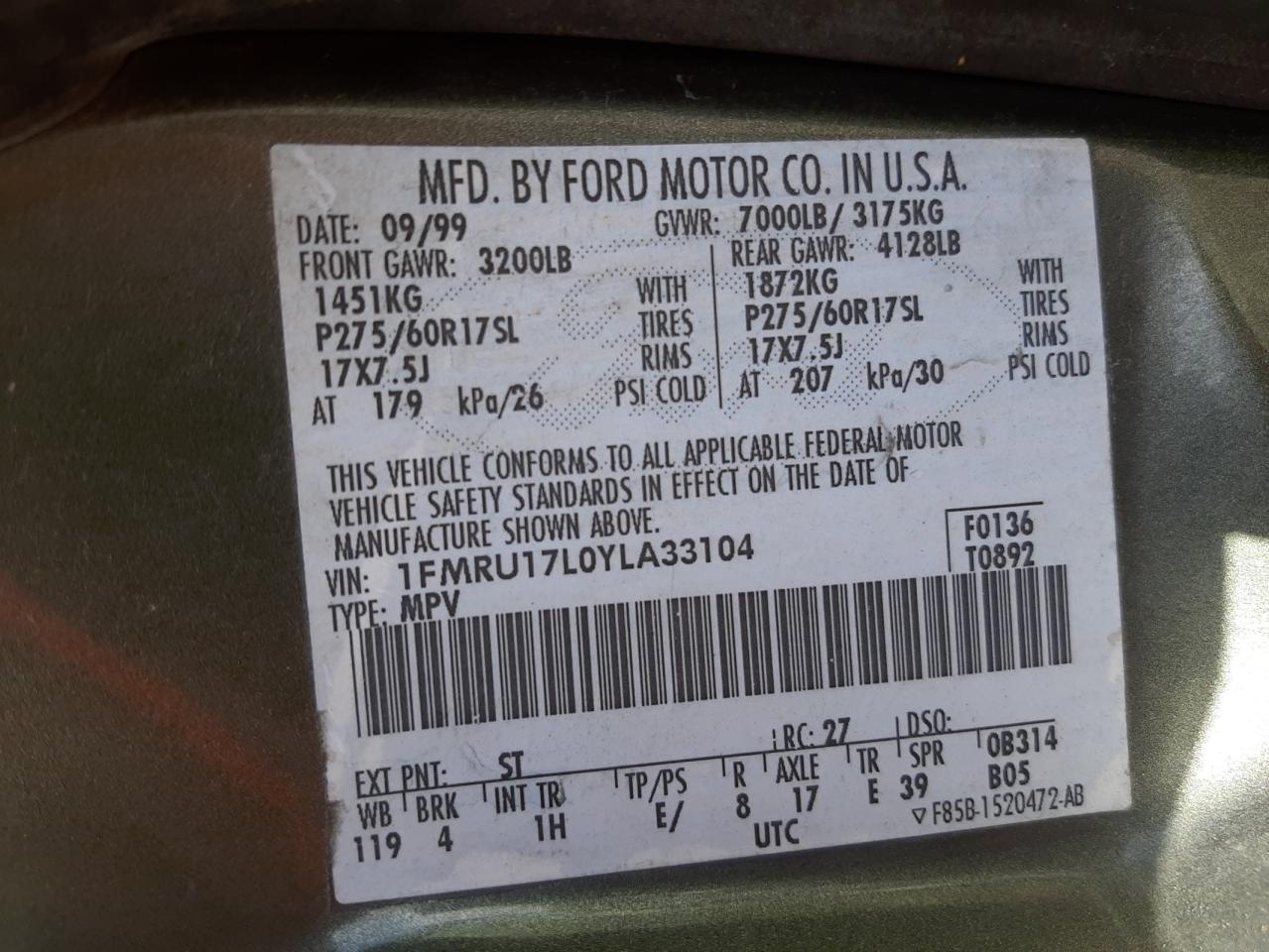 Photo 10 from auction – 2000 FORD EXPEDITION with VIN 1FMRU17L0YLA33104