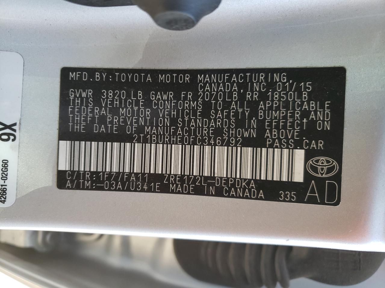 Photo 10 from auction – 2015 TOYOTA COROLLA L with VIN 2T1BURHE0FC346792