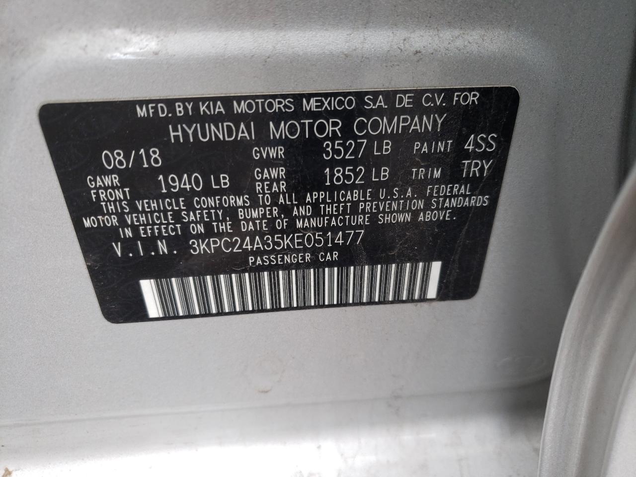 Photo 10 from auction – 2019 HYUNDAI ACCENT SE with VIN 3KPC24A35KE051477