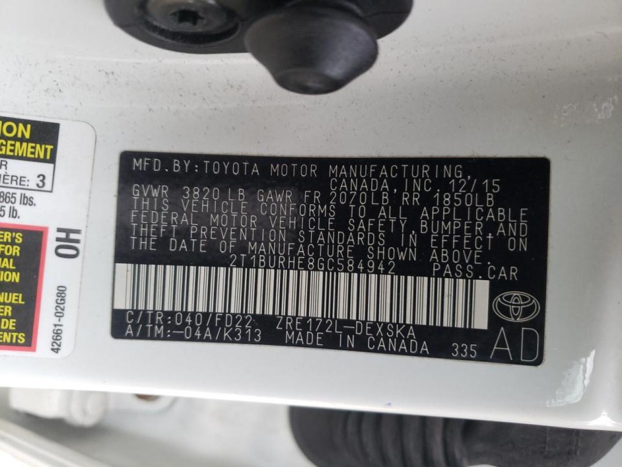 Photo 10 from auction – 2016 TOYOTA COROLLA L with VIN 2T1BURHE8GC584942