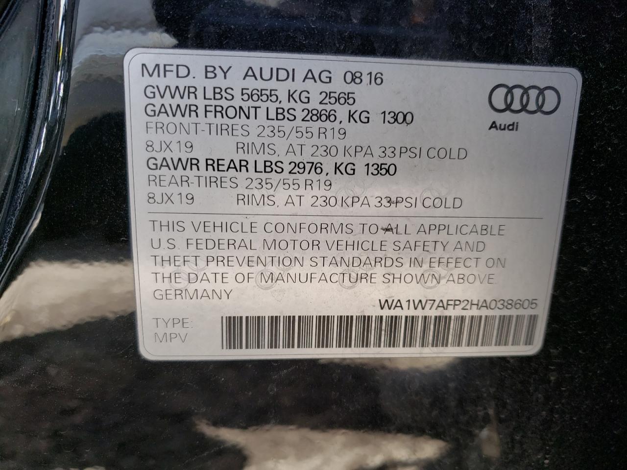 Photo 10 from auction – 2017 AUDI Q5 PRESTIG with VIN WA1W7AFP2HA038605