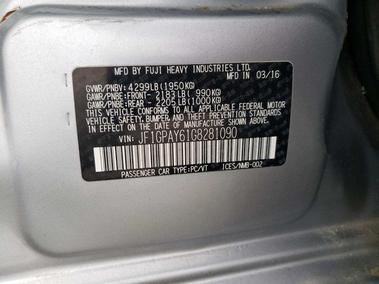 Zdjęcie 10 z aukcji – 2016 SUBARU IMPREZA SP z VIN JF1GPAY61G8281090