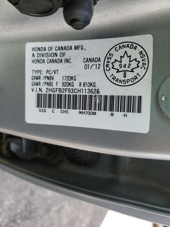 Photo 10 from auction – 2012 HONDA CIVIC EXL with VIN 2HGFB2F93CH113626