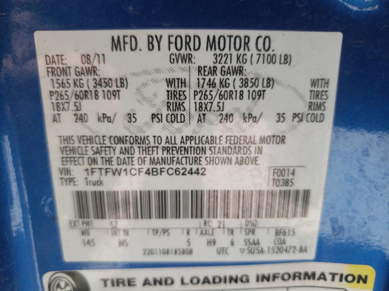 Photo 10 from auction – 2011 FORD F150 SUPER with VIN 1FTFW1CF4BFC62442