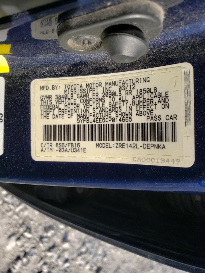 Photo 10 from auction – 2012 TOYOTA COROLLA BA with VIN 5YFBU4EE6CP014665