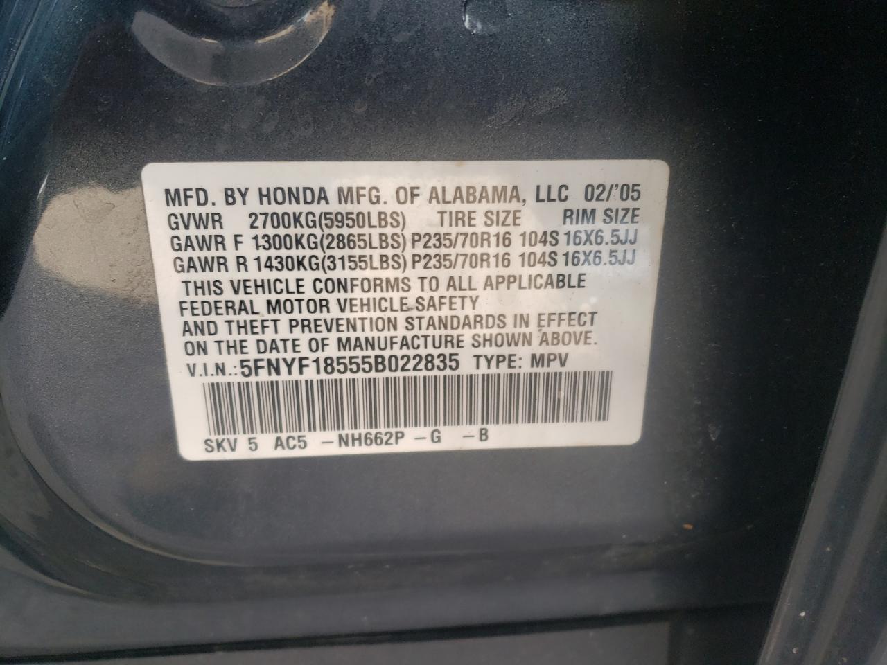 صورة رقم 10 من المزاد - 2005 HONDA PILOT EXL مع VIN 5FNYF18555B022835