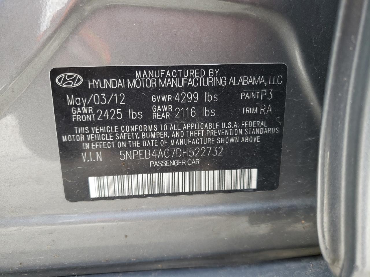 Photo 10 from auction – 2013 HYUNDAI SONATA GLS with VIN 5NPEB4AC7DH522732