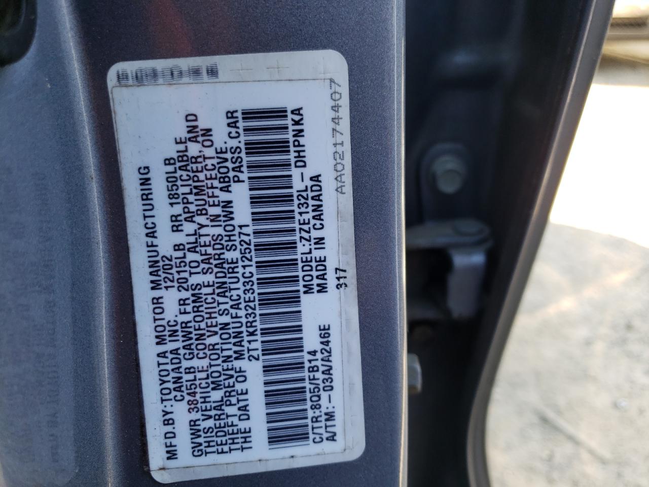 Photo 10 from auction – 2003 TOYOTA COROLLA MA with VIN 2T1KR32E33C125271