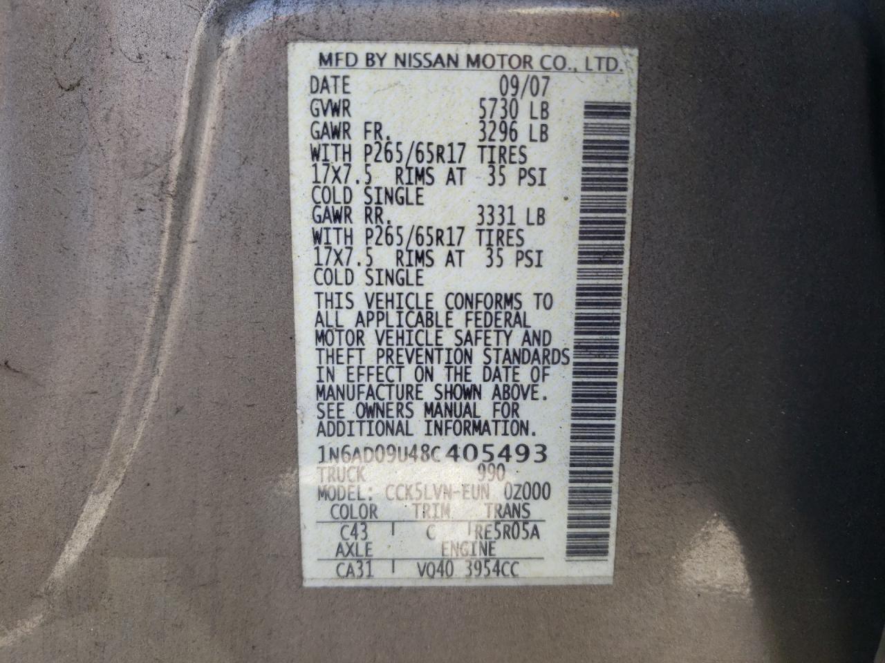 Photo 10 from auction – 2008 NISSAN FRONTIER C with VIN 1N6AD09U48C405493