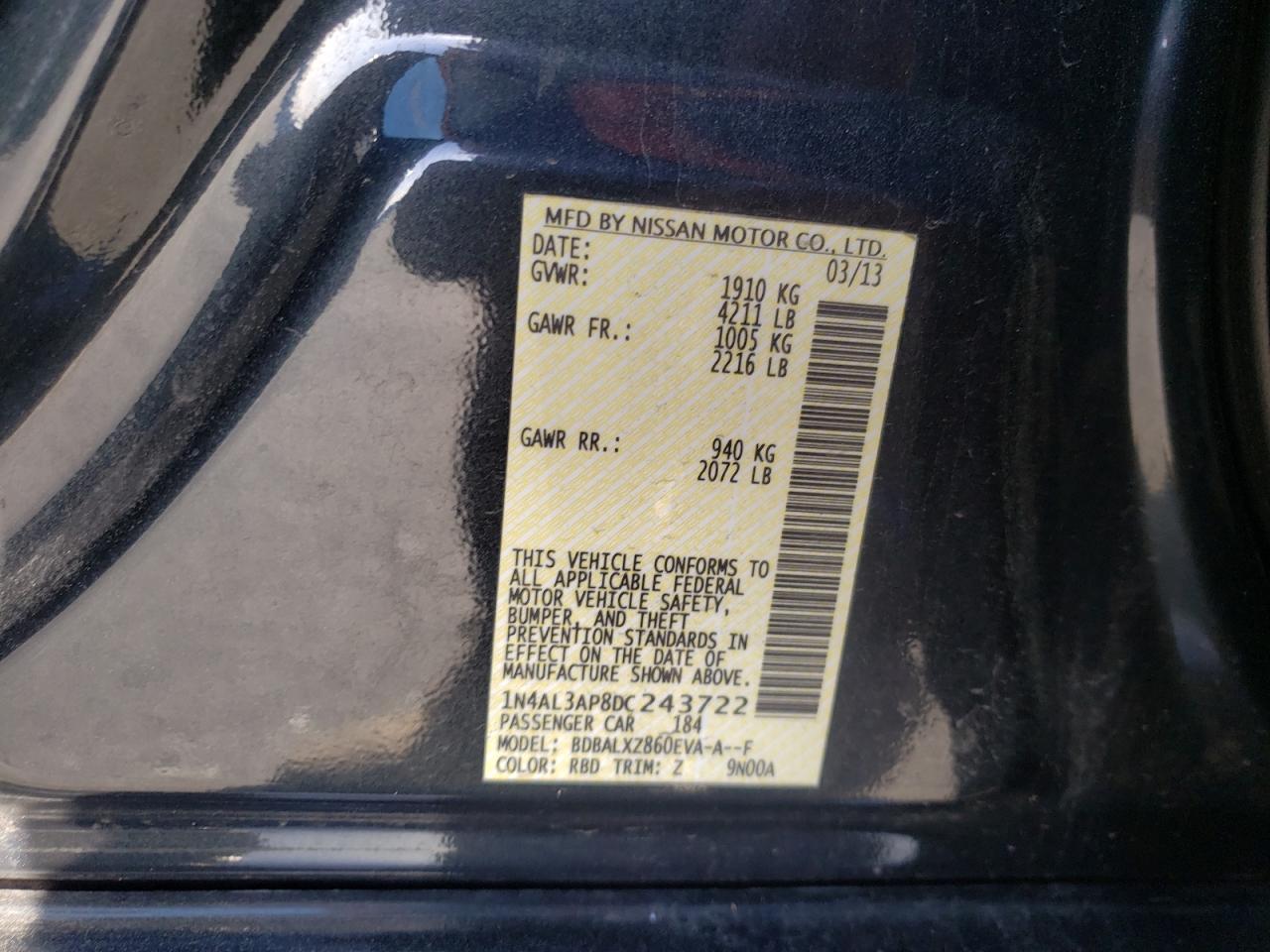 Photo 10 from auction – 2013 NISSAN ALTIMA 2.5 with VIN 1N4AL3AP8DC243722