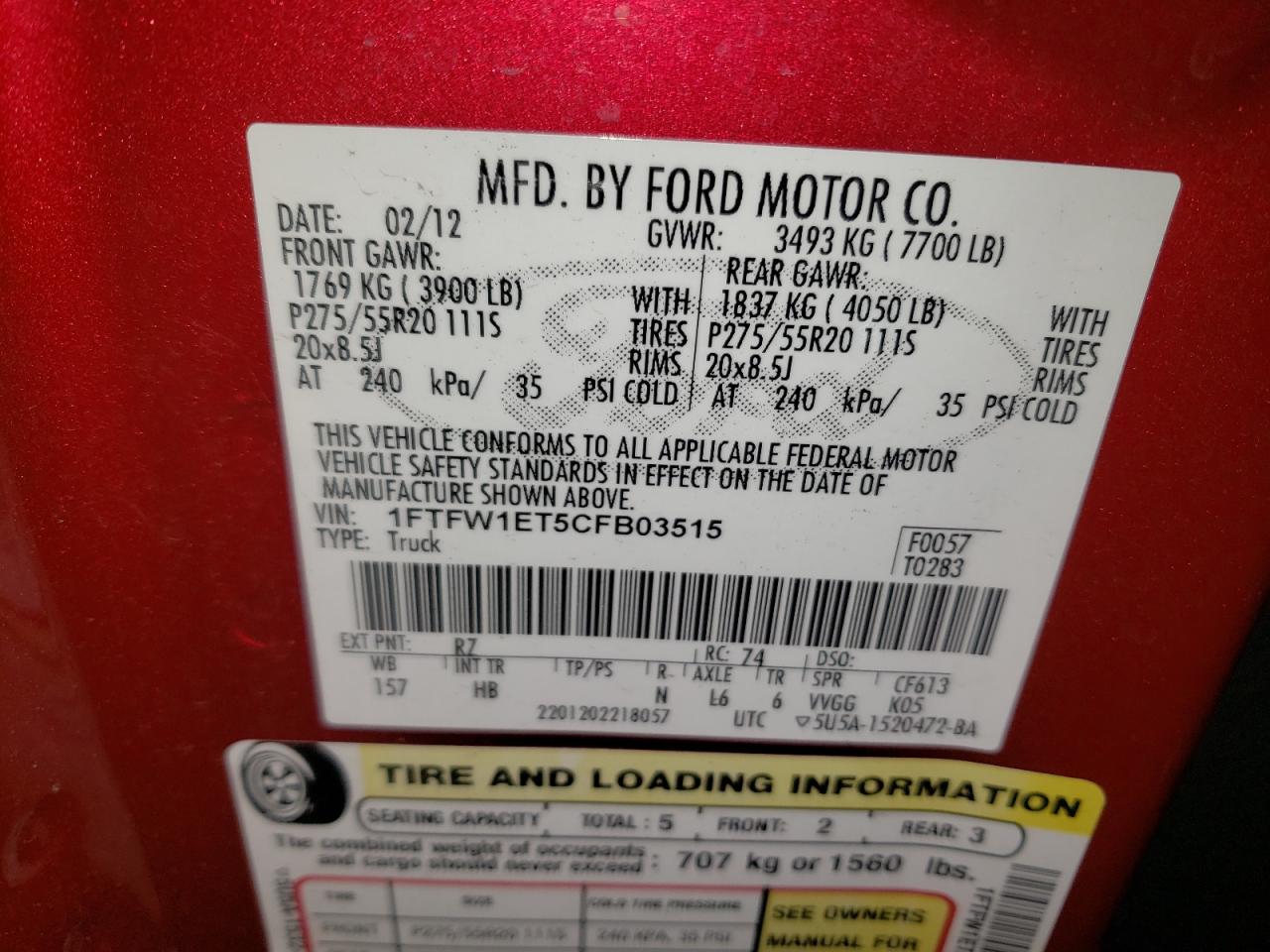 Photo 10 from auction – 2012 FORD F150 SUPER with VIN 1FTFW1ET5CFB03515
