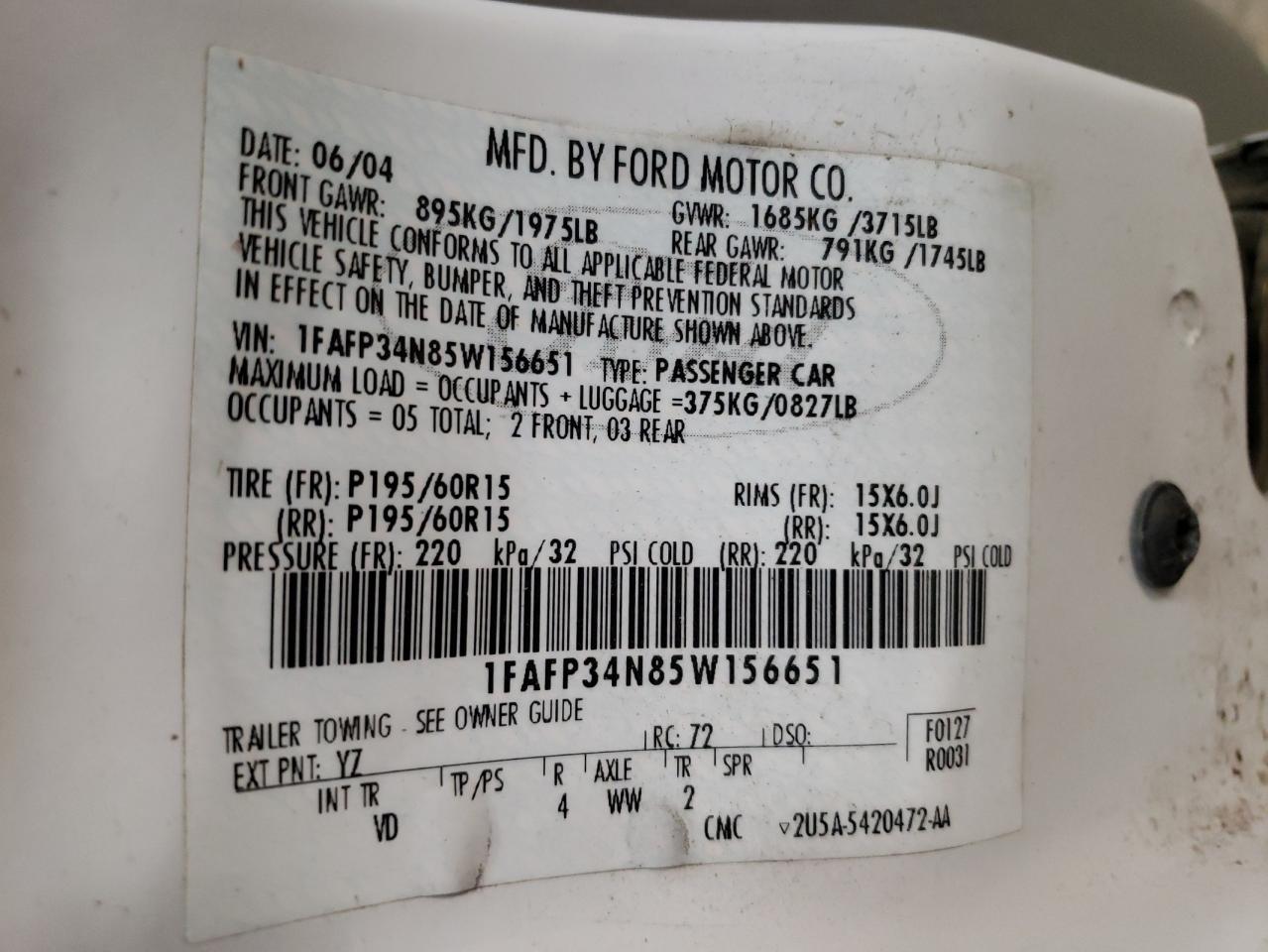 Photo 10 from auction – 2005 FORD FOCUS ZX4 with VIN 1FAFP34N85W156651