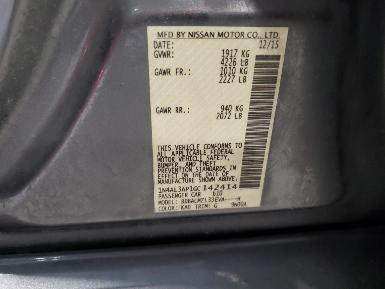 Photo 10 from auction – 2016 NISSAN ALTIMA 2.5 with VIN 1N4AL3AP1GC142414