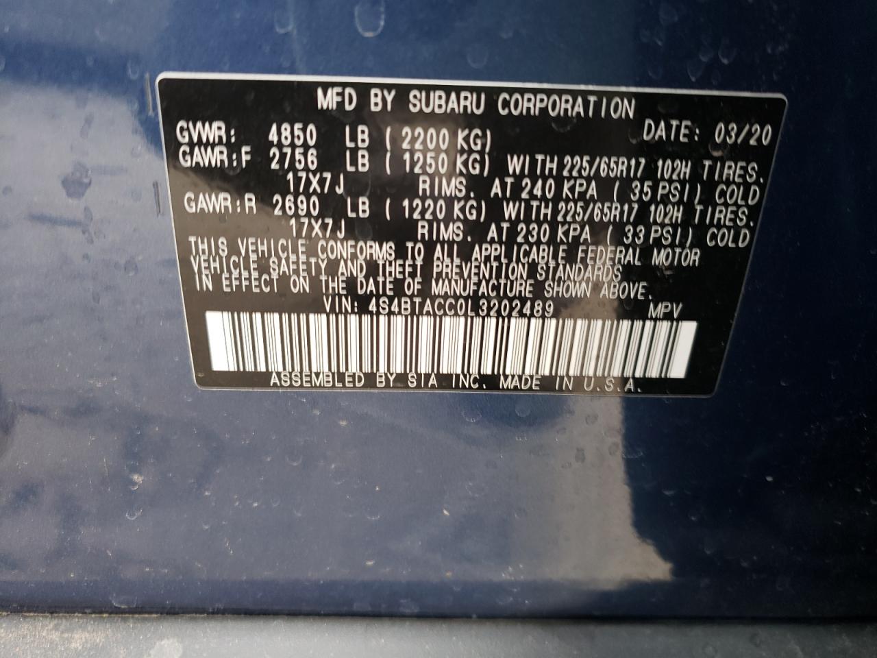 Photo 10 from auction – 2020 SUBARU OUTBACK PR with VIN 4S4BTACC0L3202489
