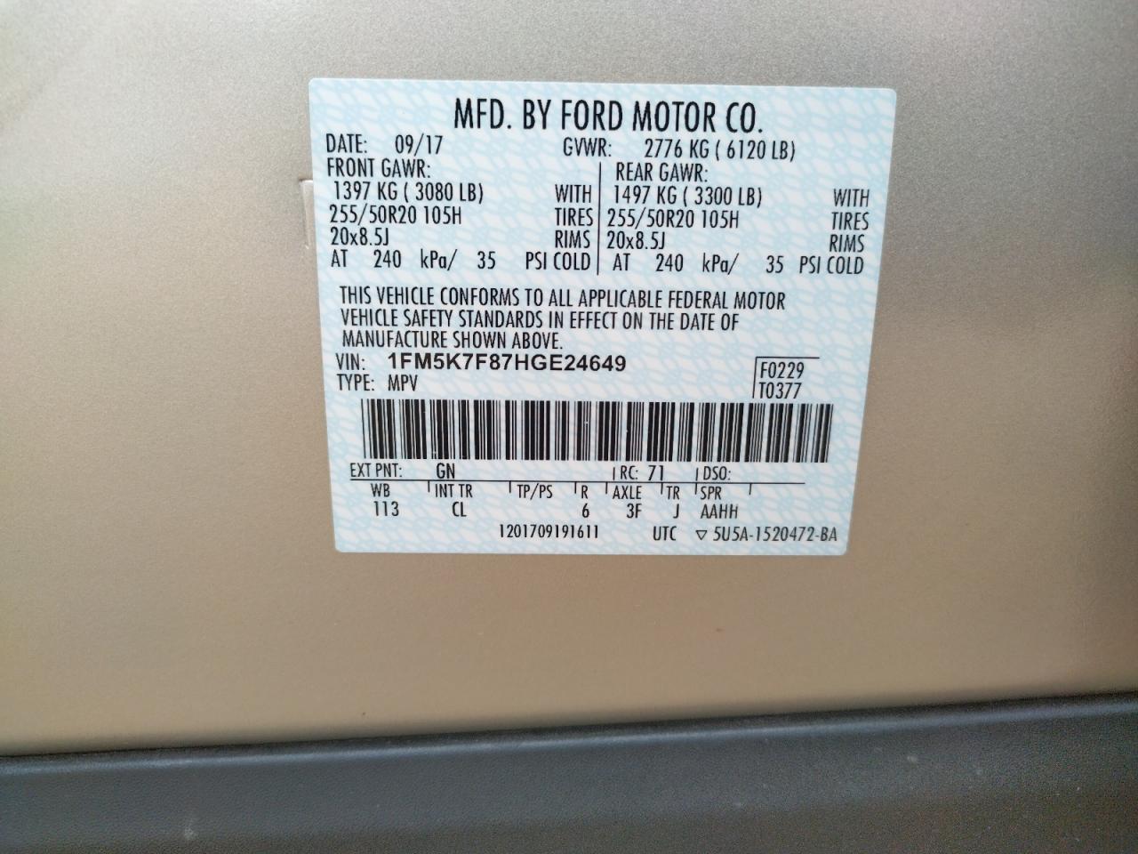 Photo 10 from auction – 2017 FORD EXPLORER L with VIN 1FM5K7F87HGE24649