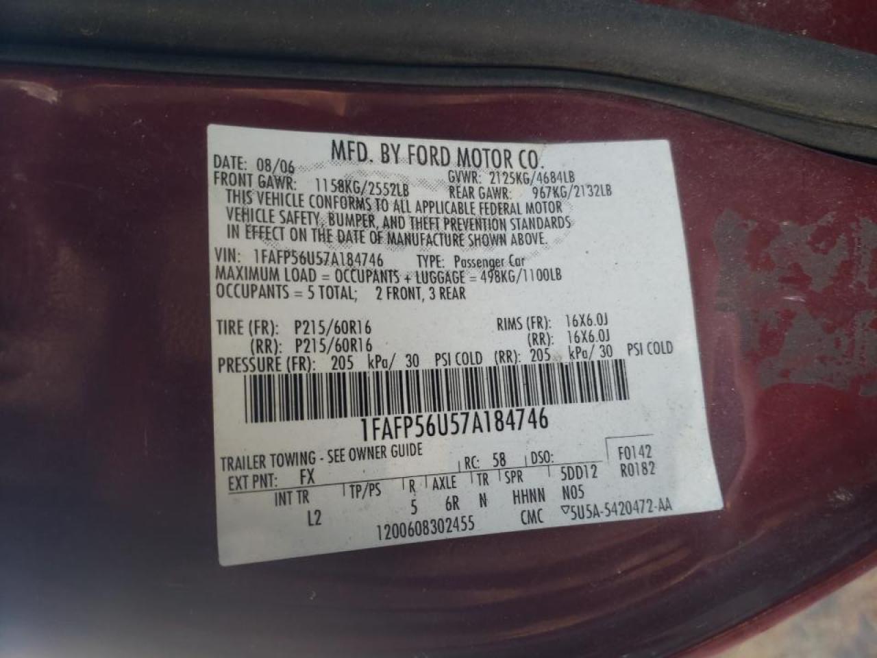 Photo 10 from auction – 2007 FORD TAURUS SEL with VIN 1FAFP56U57A184746