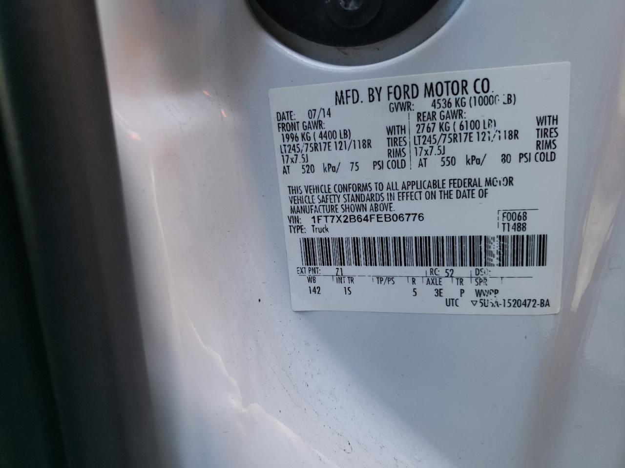 Photo 10 from auction – 2015 FORD F250 SUPER with VIN 1FT7X2B64FEB06776