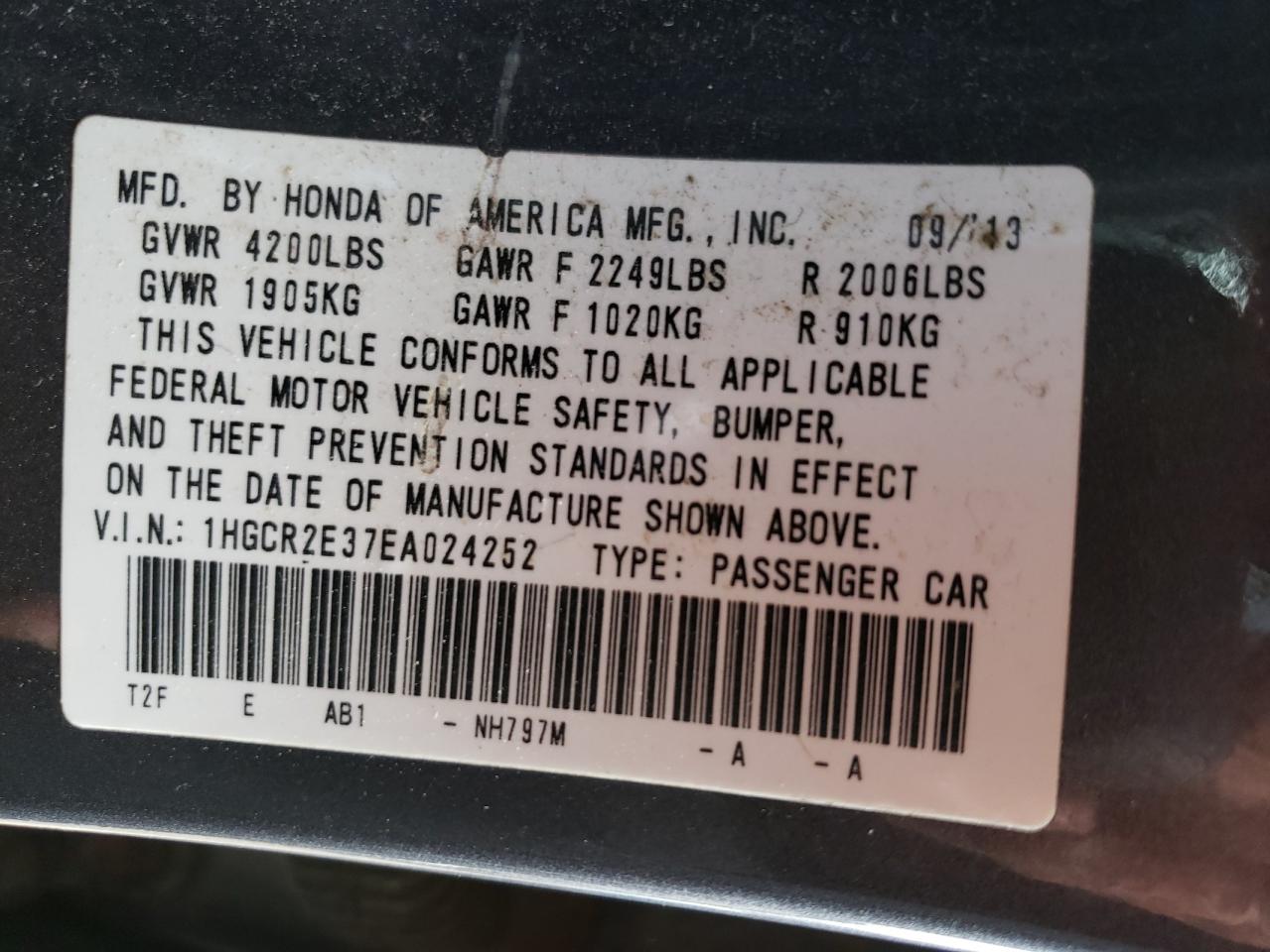 Photo 10 from auction – 2014 HONDA ACCORD LX with VIN 1HGCR2E37EA024252