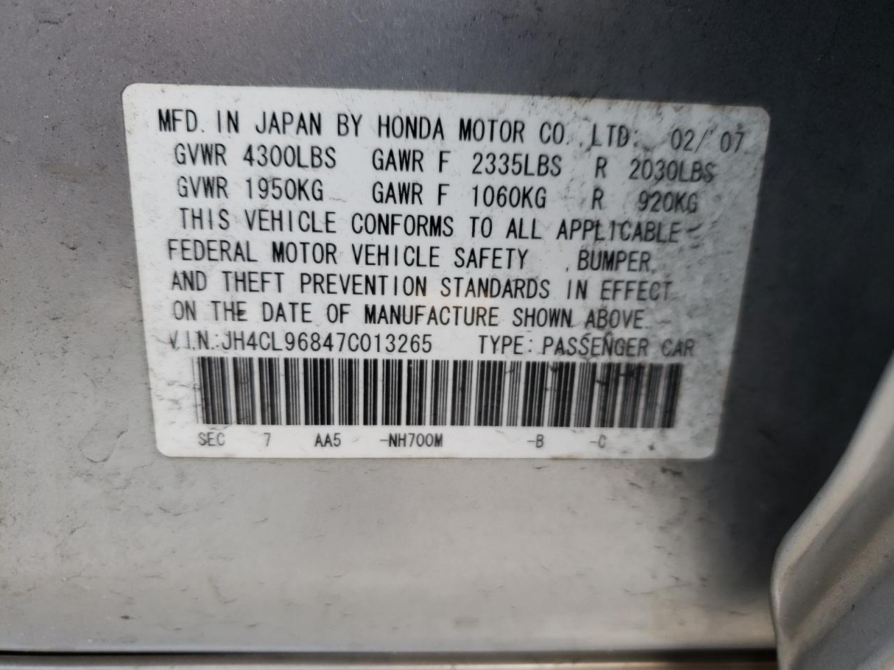 Photo 10 from auction – 2007 ACURA TSX with VIN JH4CL96847C013265