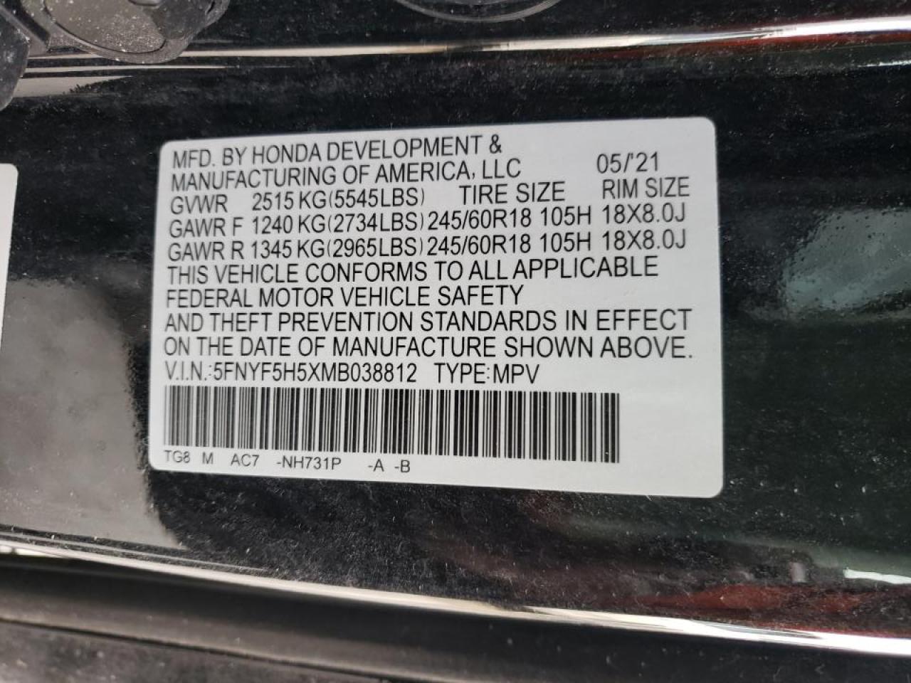 Photo 10 from auction – 2021 HONDA PILOT EXL with VIN 5FNYF5H5XMB038812
