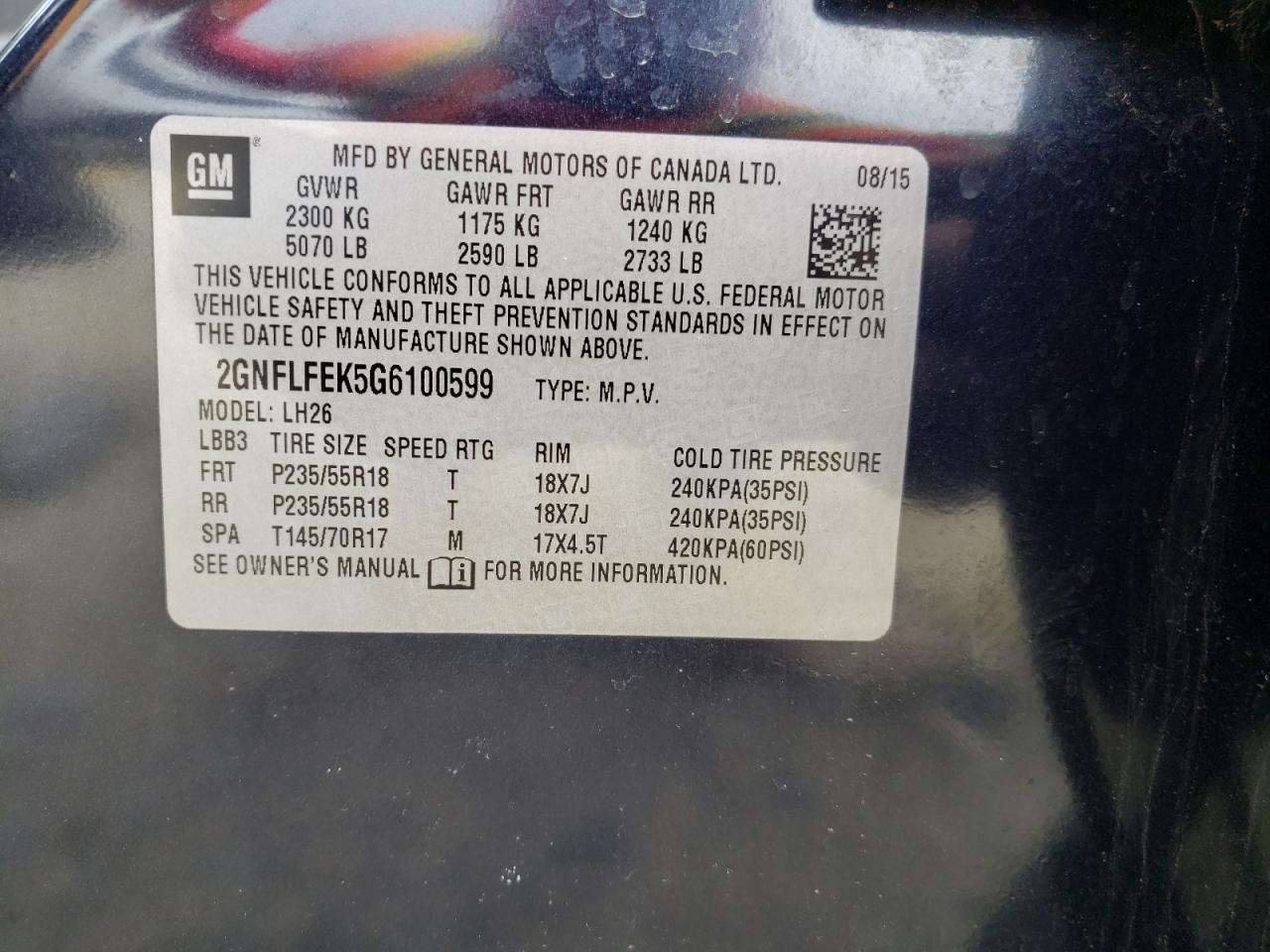 Photo 10 from auction – 2016 CHEVROLET EQUINOX LT with VIN 2GNFLFEK5G6100599