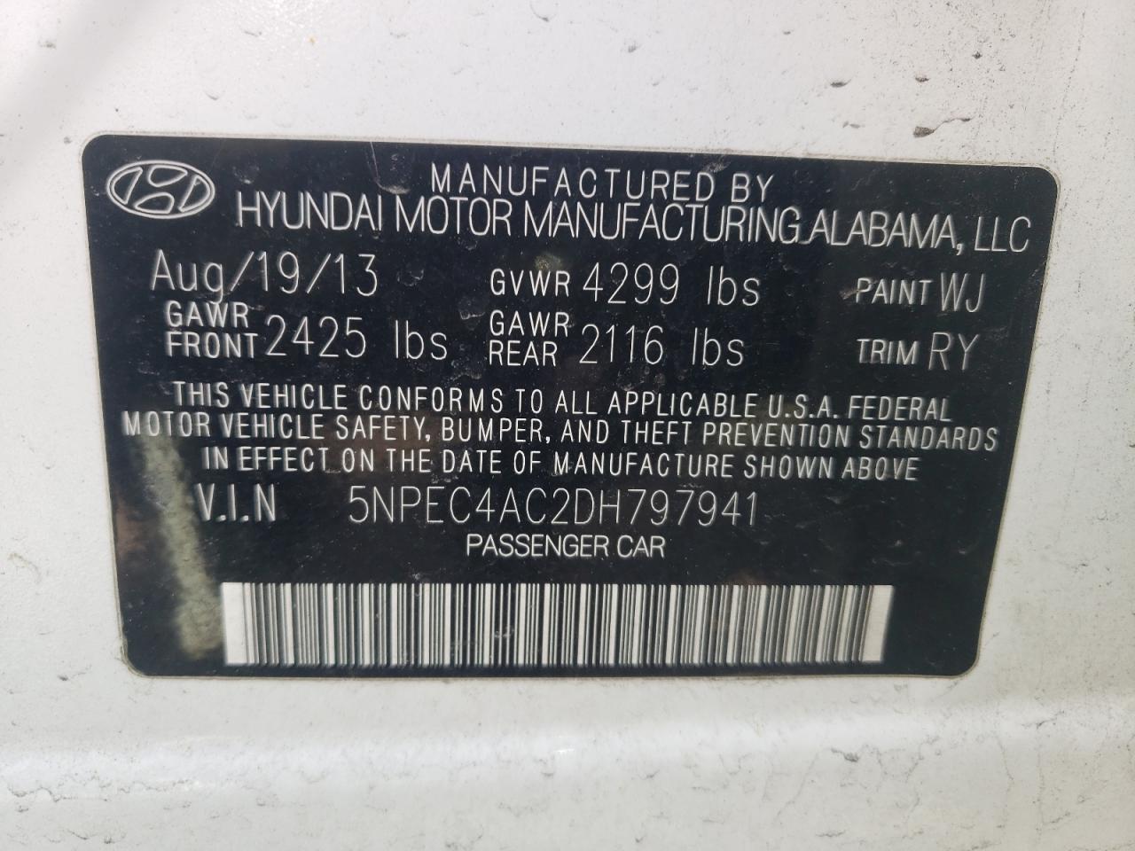 Photo 10 from auction – 2013 HYUNDAI SONATA SE with VIN 5NPEC4AC2DH797941