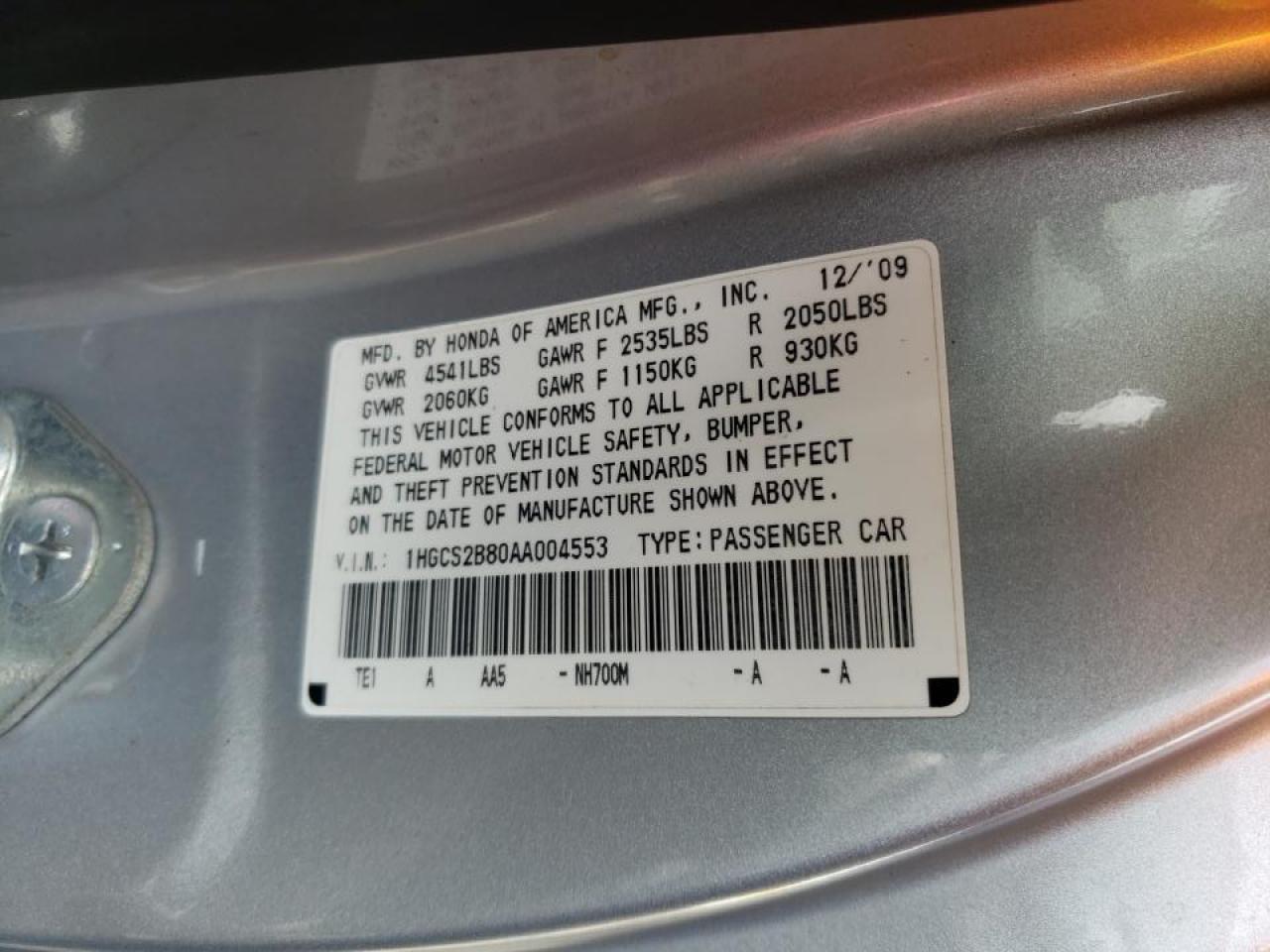 Photo 10 from auction – 2010 HONDA ACCORD EXL with VIN 1HGCS2B80AA004553