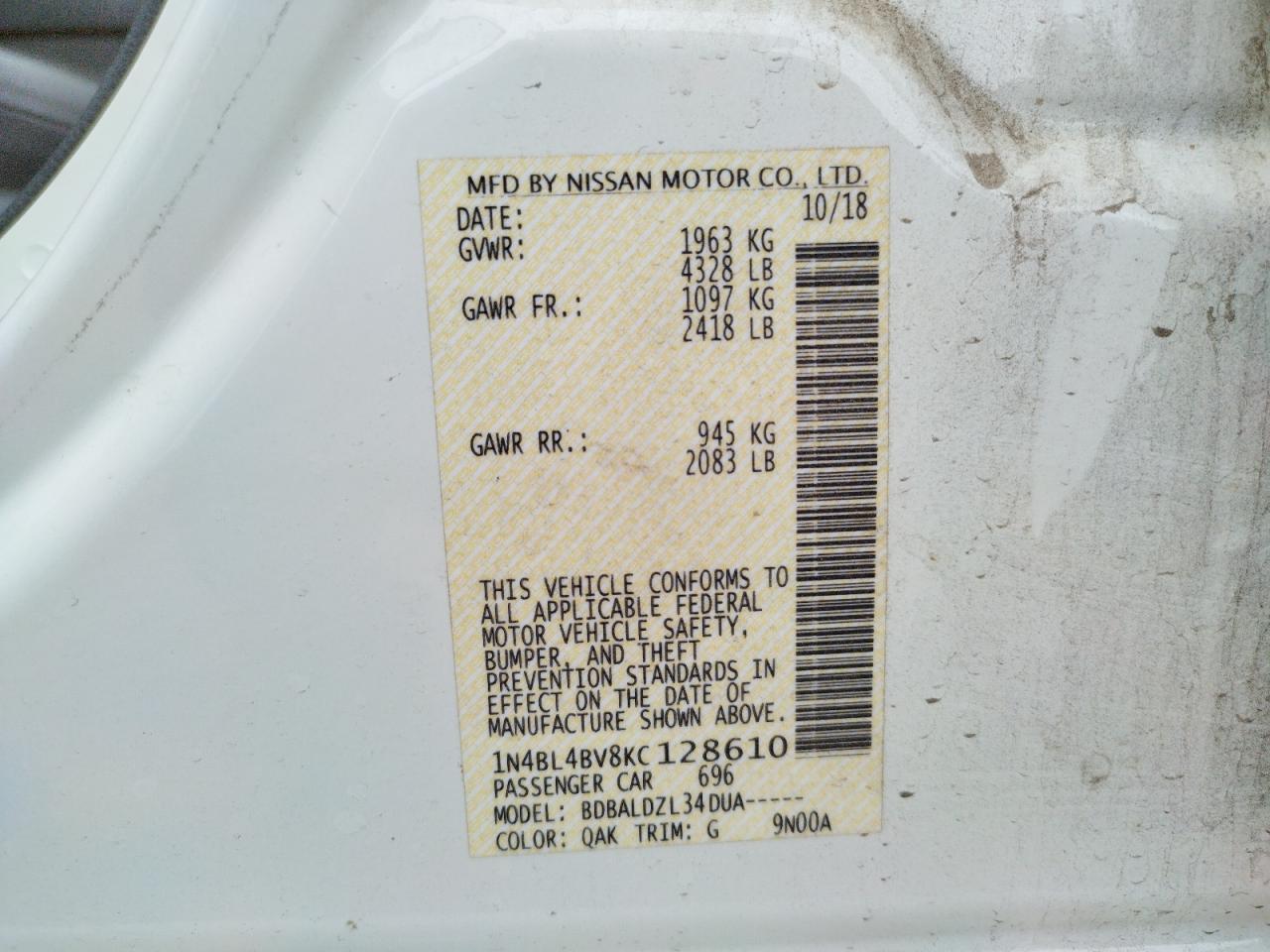 Photo 10 from auction – 2019 NISSAN ALTIMA S with VIN 1N4BL4BV8KC128610