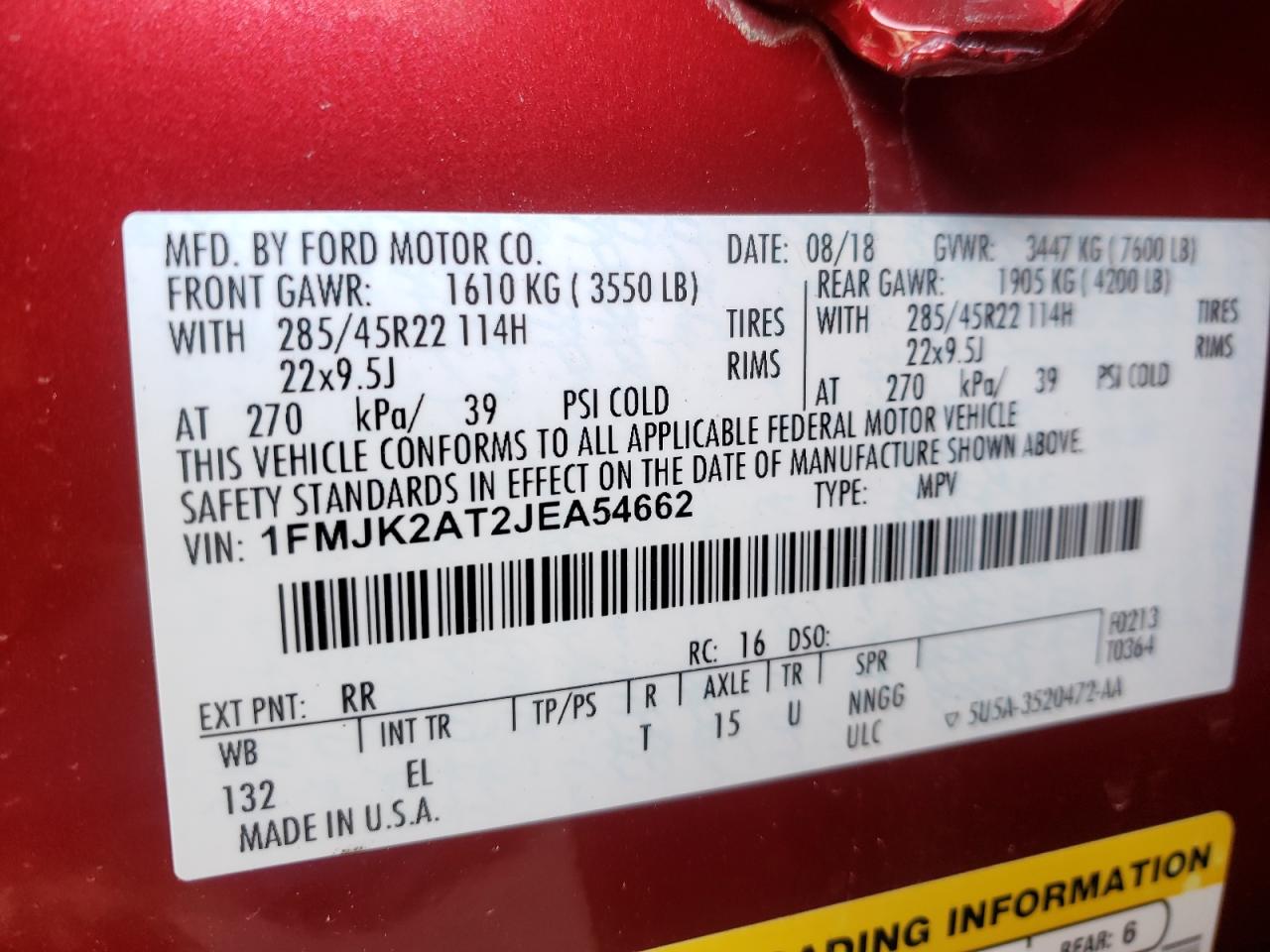Photo 10 from auction – 2018 FORD EXPEDITION with VIN 1FMJK2AT2JEA54662