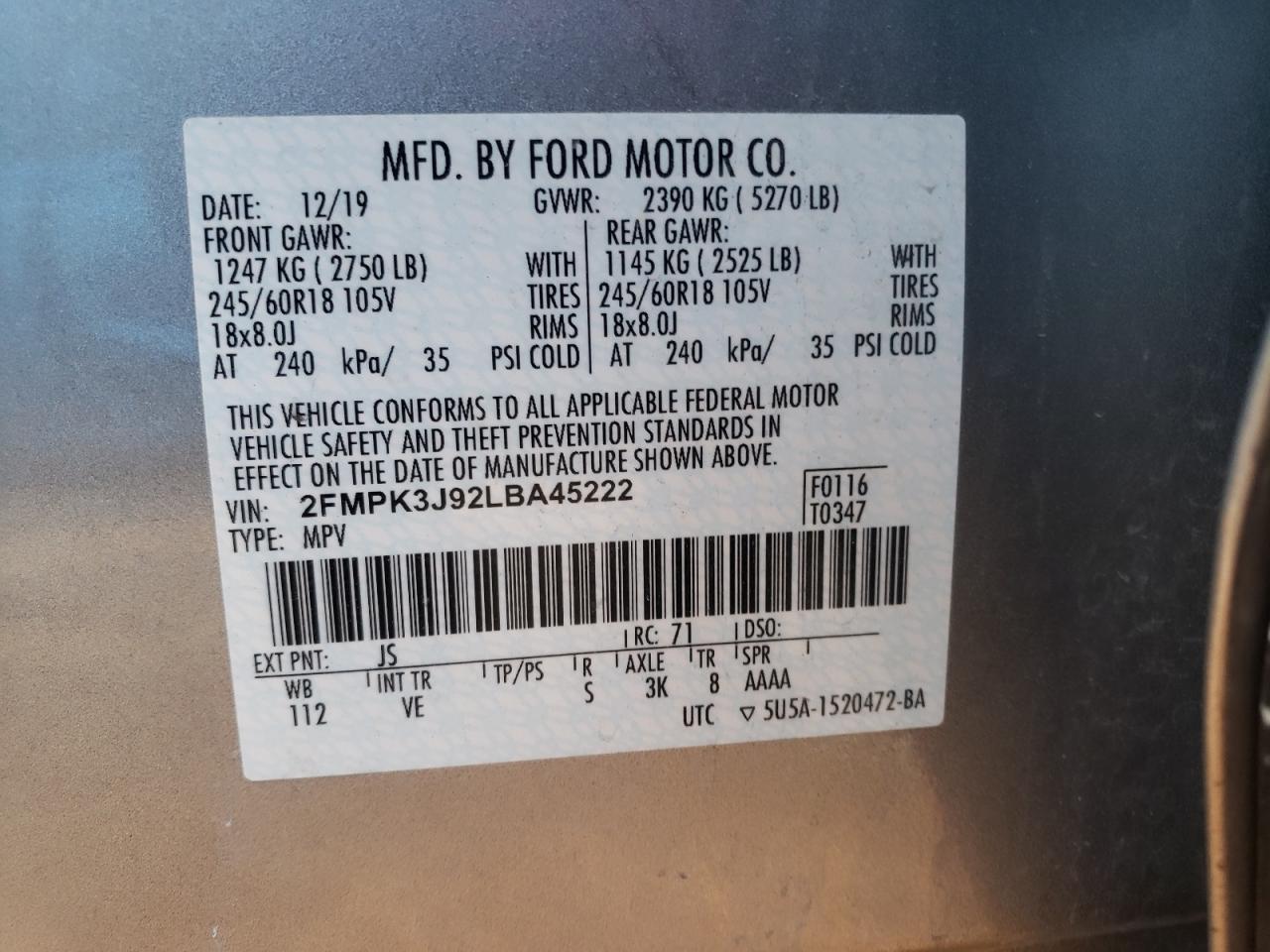 Photo 10 from auction – 2020 FORD EDGE SEL with VIN 2FMPK3J92LBA45222