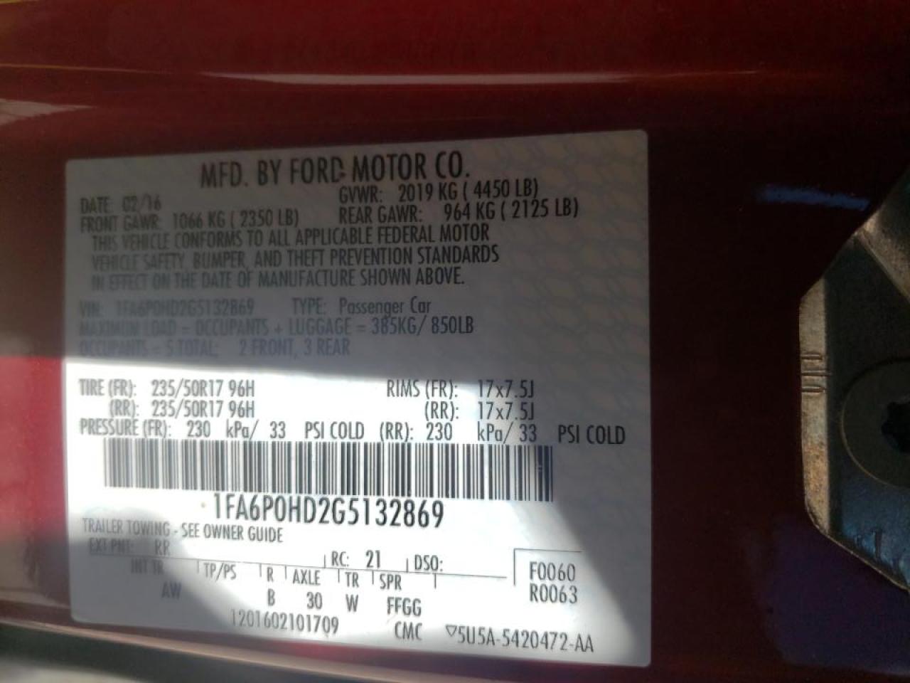 Photo 10 from auction – 2016 FORD FUSION SE with VIN 1FA6P0HD2G5132869