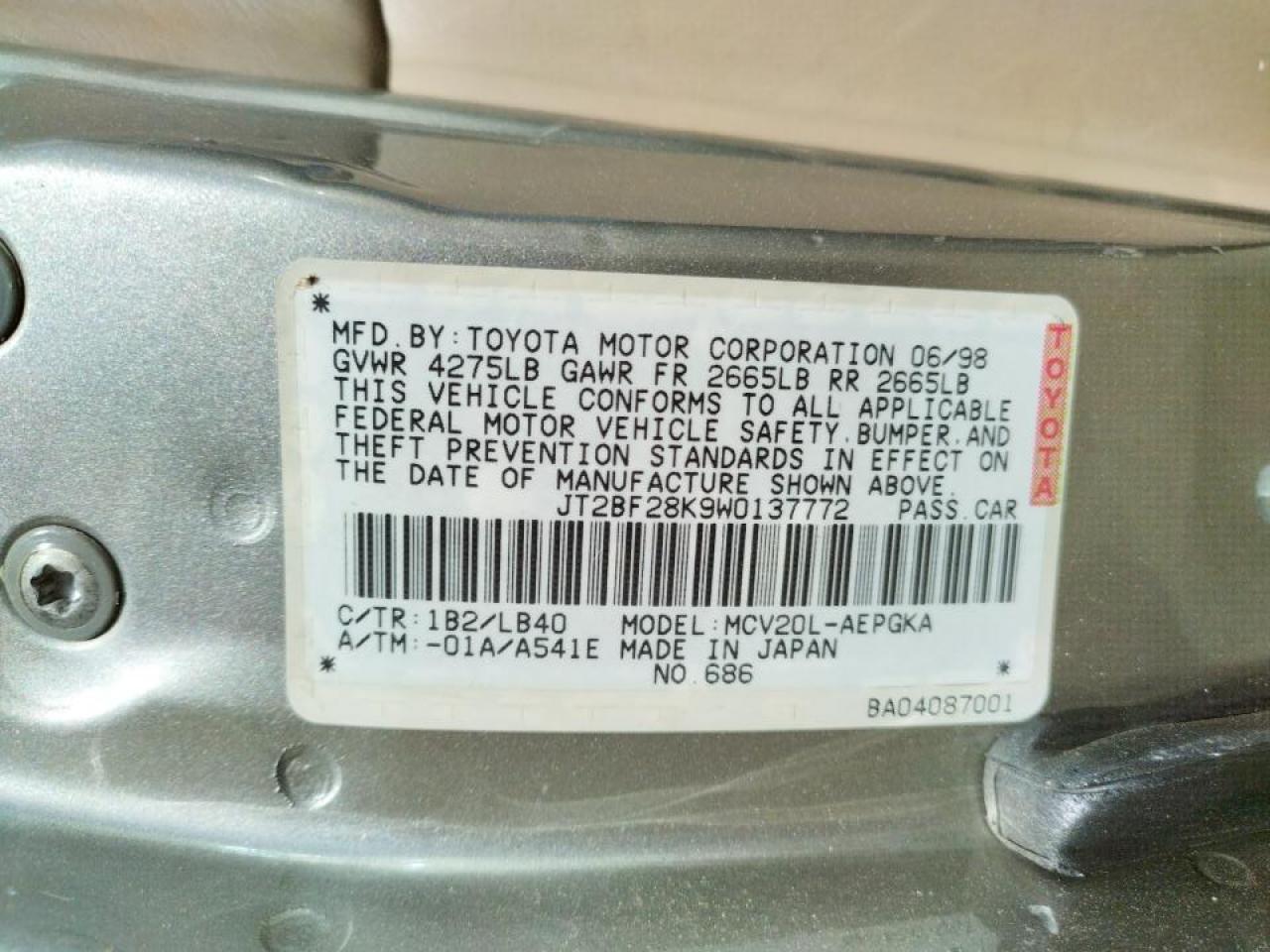 Photo 10 from auction – 1998 TOYOTA CAMRY LE with VIN JT2BF28K9W0137772
