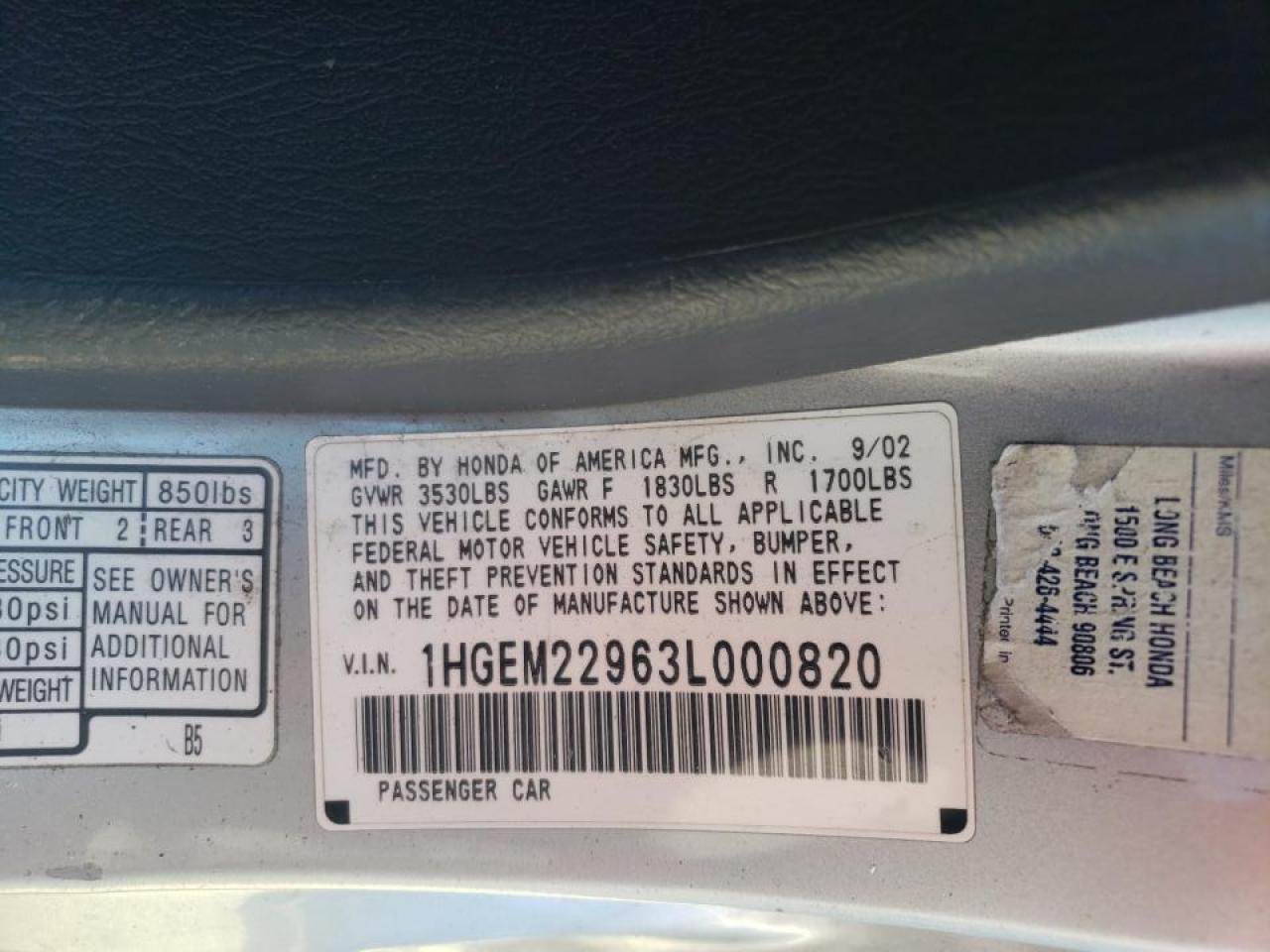 Photo 10 from auction – 2003 HONDA CIVIC EX with VIN 1HGEM22963L000820