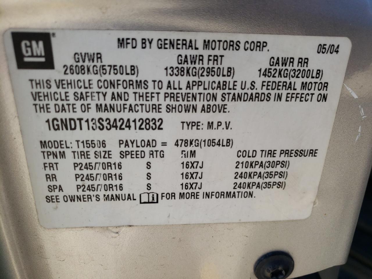Photo 10 from auction – 2004 CHEVROLET TRAILBLAZE with VIN 1GNDT13S342412832