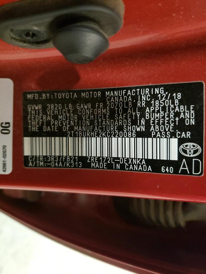 Photo 10 from auction – 2019 TOYOTA COROLLA L with VIN 2T1BURHE2KC220086