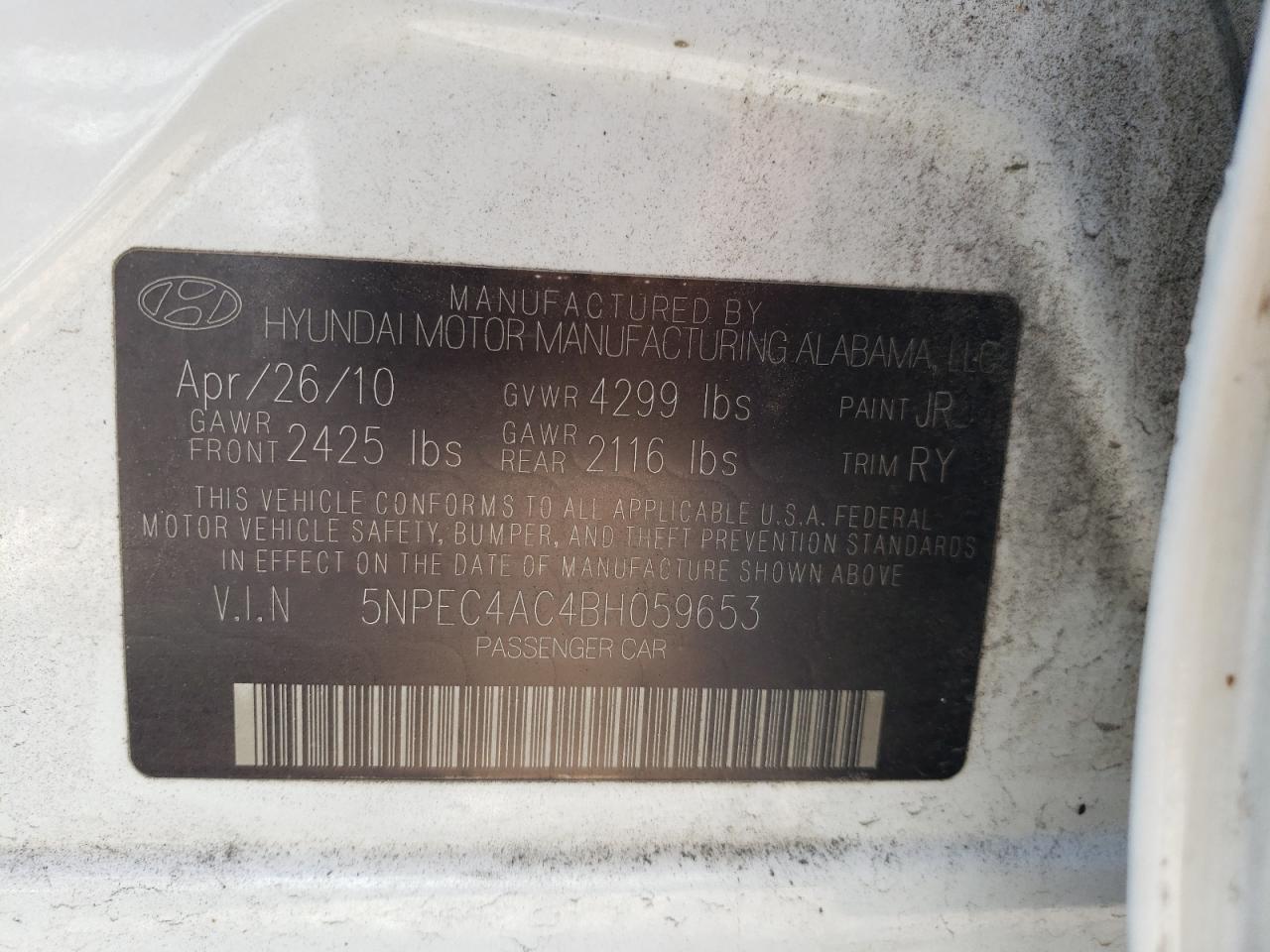Photo 10 from auction – 2011 HYUNDAI SONATA SE with VIN 5NPEC4AC4BH059653