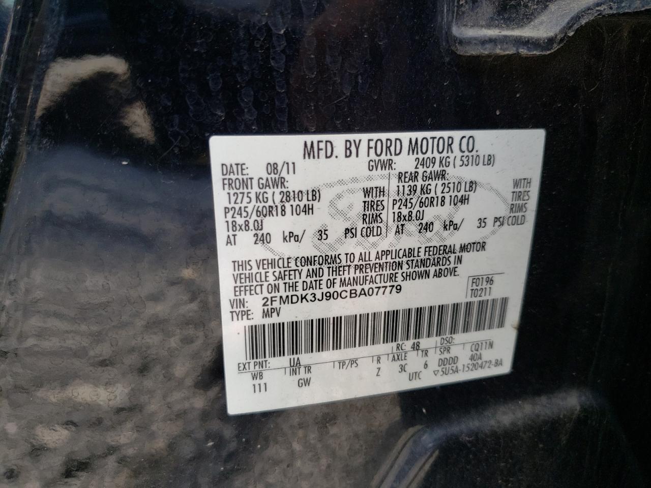 Photo 10 from auction – 2012 FORD EDGE SEL with VIN 2FMDK3J90CBA07779
