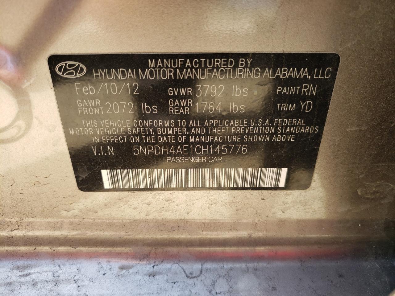 Photo 10 from auction – 2012 HYUNDAI ELANTRA GL with VIN 5NPDH4AE1CH145776