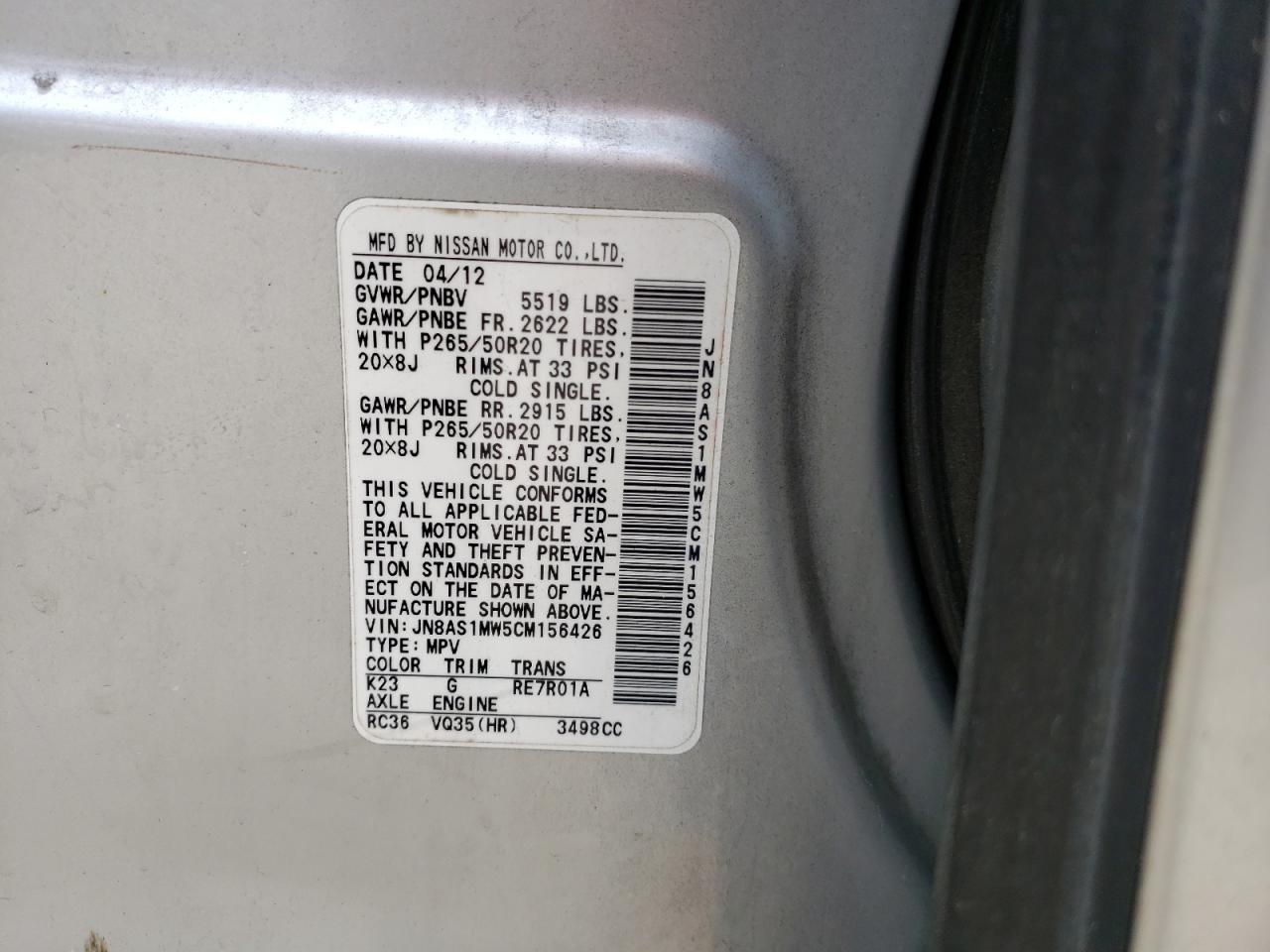 Photo 10 from auction – 2012 INFINITI FX35 with VIN JN8AS1MW5CM156426