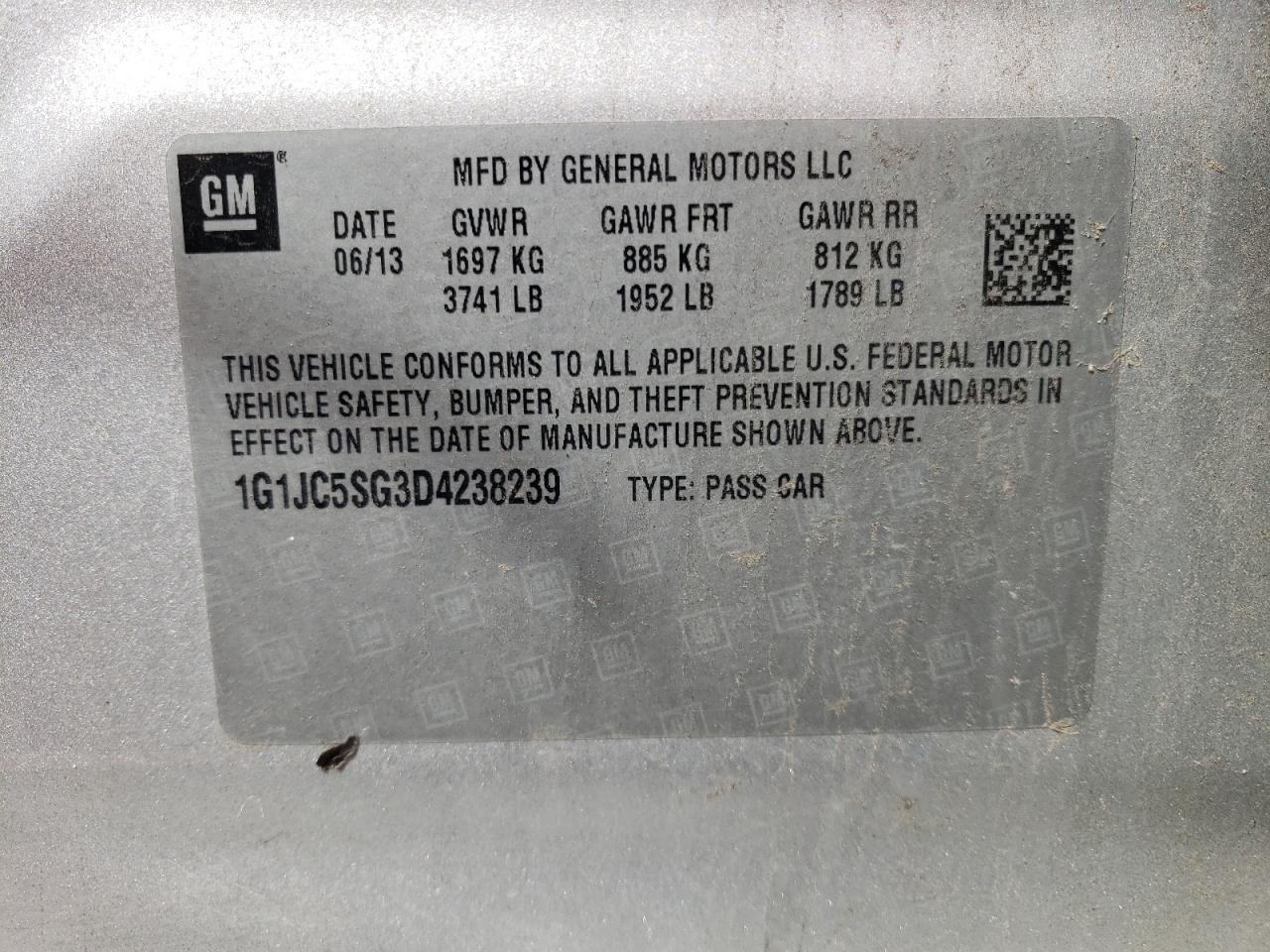 Photo 10 from auction – 2013 CHEVROLET SONIC LT with VIN 1G1JC5SG3D4238239