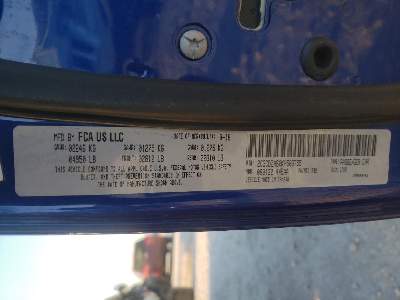 Photo 10 from auction – 2019 DODGE CHALLENGER with VIN 2C3CDZAG0KH506755