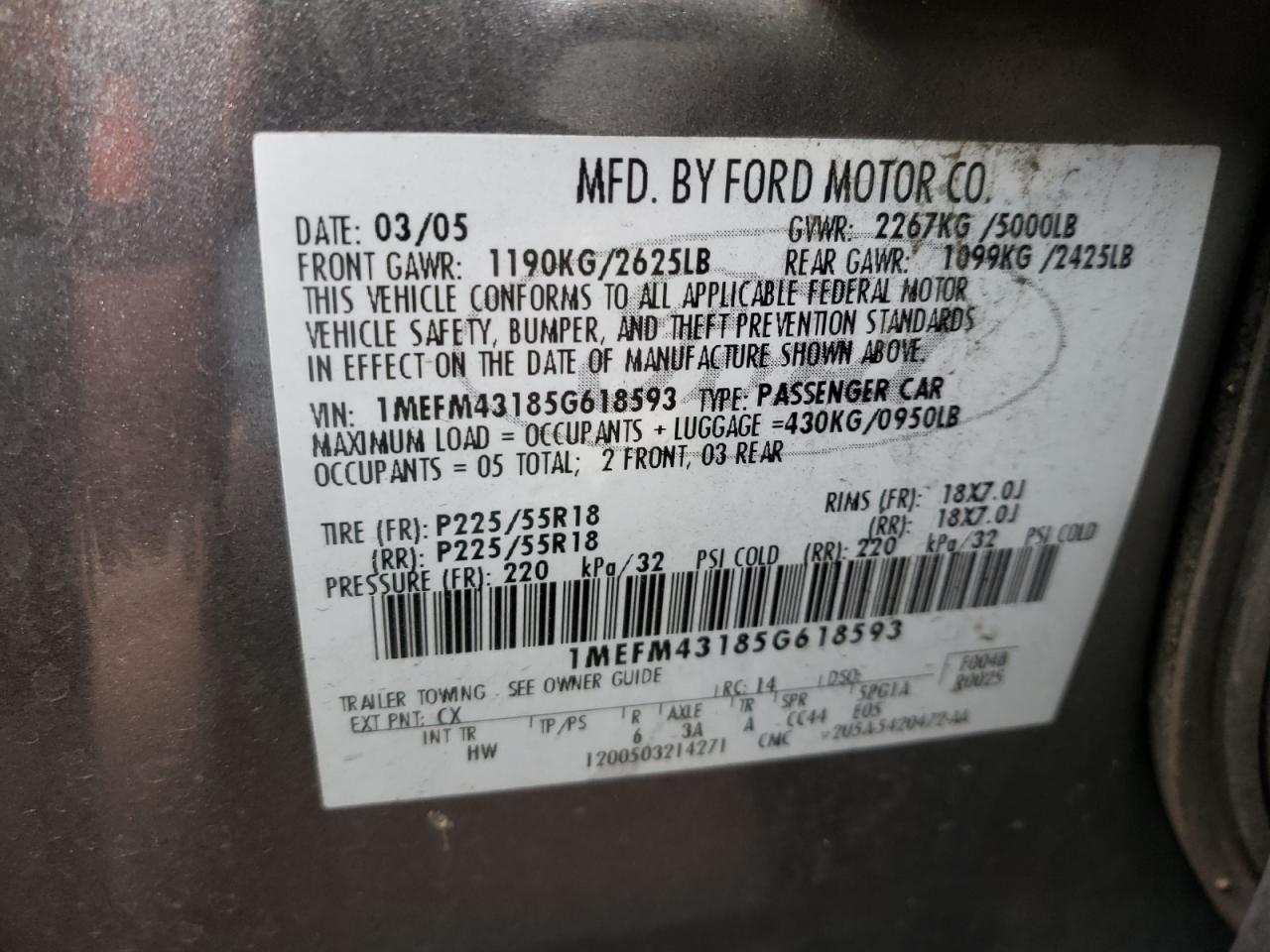 Photo 10 from auction – 2005 MERCURY MONTEGO PR with VIN 1MEFM43185G618593