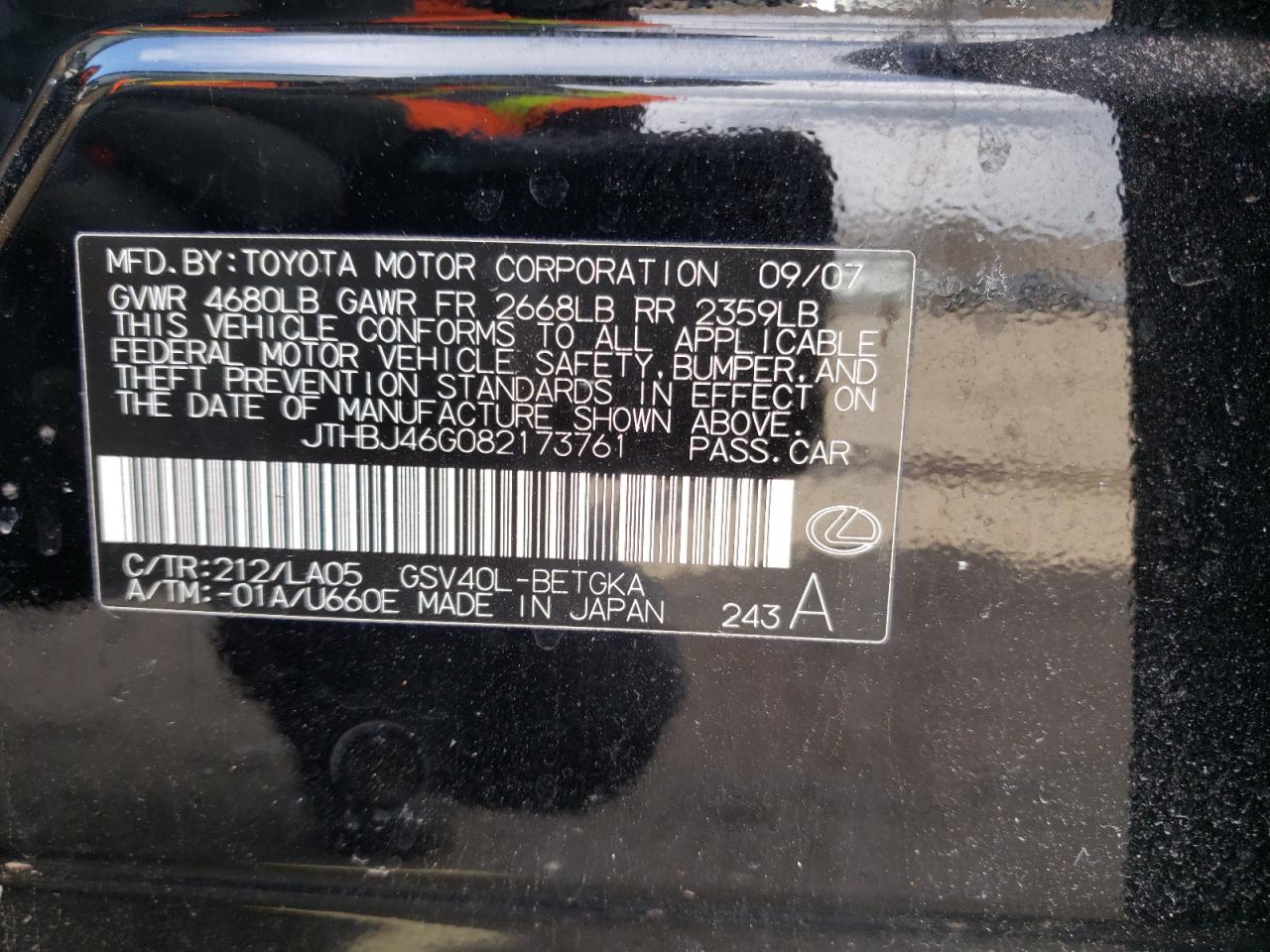Photo 10 from auction – 2008 LEXUS ES 350 with VIN JTHBJ46G082173761